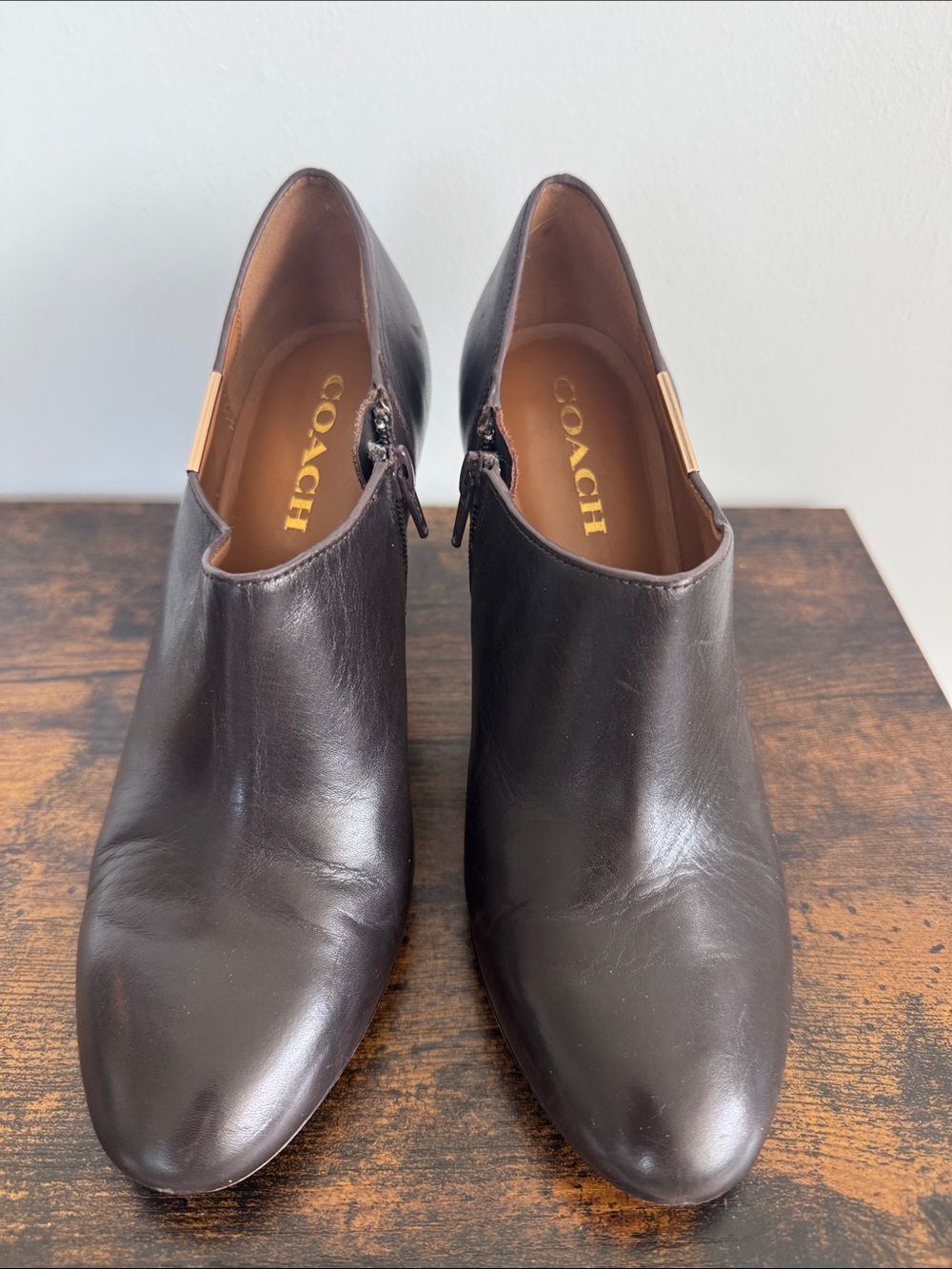 Coach Dark Brown Leather Ankle Booties with Gold Accent - Picture 2 of 12